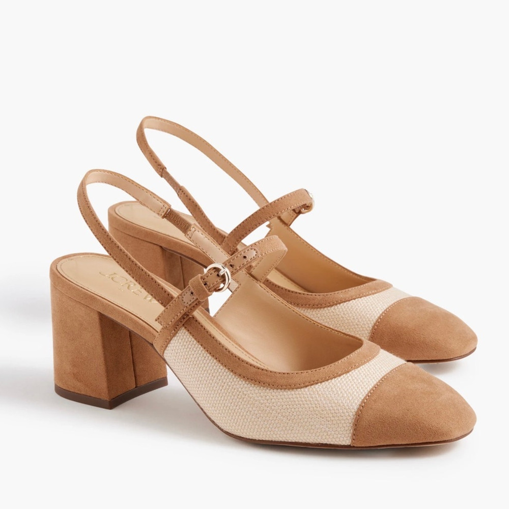 J. Crew Women's Mary Jane Slingback Heels Suede Natural Raffia Size 10 NWOB